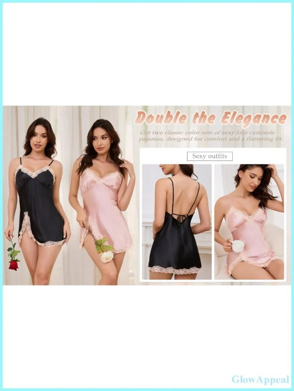 2-Pack Satin Lace Slip Dress Nightgown V-Neck Sleeveless Sleepwear